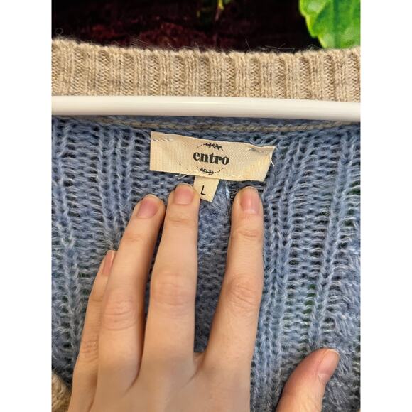 Entro V Neck Long Sleeve Sweater Pullover Drop Shoulder Blue Print Large Ovrsize - Picture 4 of 7